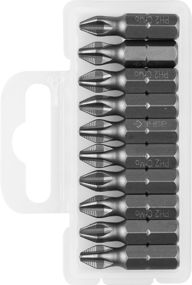Биты ЗУБР "МАСТЕР" кованые, хромомолибденовая сталь, тип хвостовика C 1/4", PH2, 25мм, 10шт