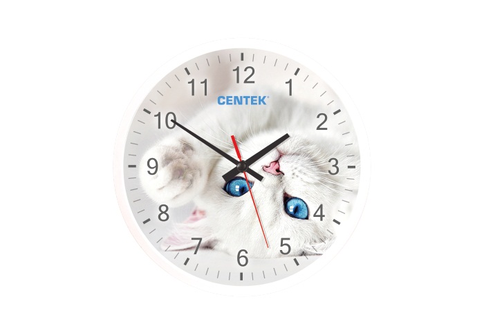Часы настенные Centek <Cat> (кот) 25 см диам., круг, ПЛАВНЫЙ ХОД, кварцевый механизм (10 шт)