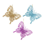 Подвеска декоративная Бабочка 13см набор 3шт, пластик, глиттер, золотой, голубой (уп.12)